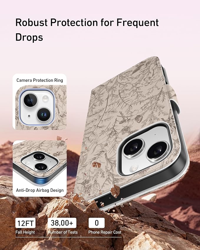 DEENAKIN for iPhone 15 Plus Wallet Case with Card Holder + Cash Clip, RFID-Blocking, Military-Grade Drop Protection, Magnetic Closure with Leather Kickstand - Serene Foliage