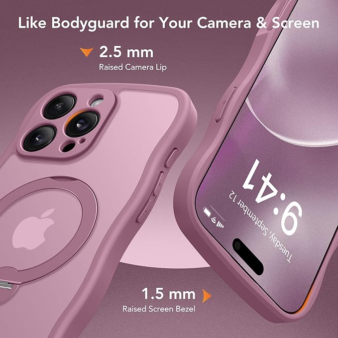 for iPhone 16 Pro Max Case for Women,[Compatible with Magsafe][360° Spin Magnetic Stand][Cute Wave Edge][Military-Grade Protection]Translucent Matte Phone Case for iPhone 16 ProMax, Blackcurrant