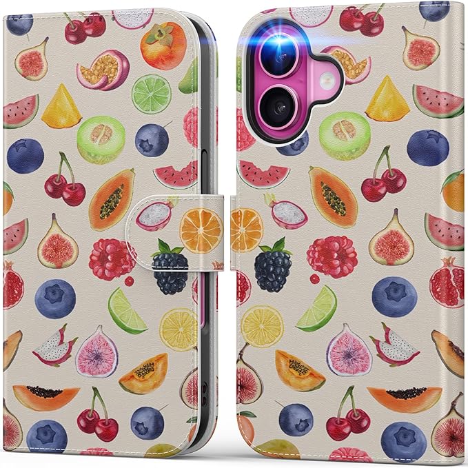 DEENAKIN for iPhone 16 Plus Wallet Case with Card Holder + Cash Clip, RFID-Blocking, Military-Grade Drop Protection, Magnetic Closure with Leather Kickstand - Fruit Illustration