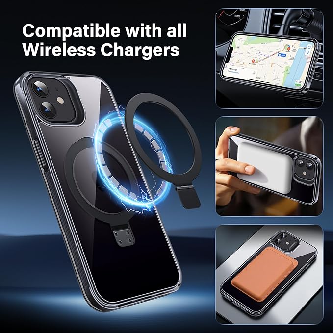 Magnetic Case for iPhone 12/12 Pro - [Built-in Invisible Stand] [Compatible with MagSafe] [Military Grade Drop Protection] Anti-Yellowing Hard Back Silicone Edge Cover, 6.1", Clear Black