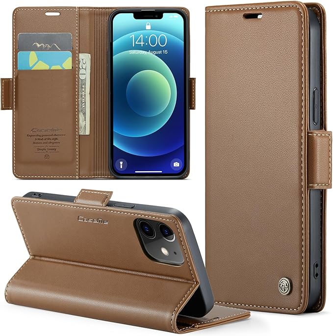 for iPhone 12 Mini Case, Premium PU Leather Wallet Case Flip Cover with [RFID Blocking][Card Holder][Stand Function] Shockproof Protective for iPhone 12 Mini 5.4 inch, Brown
