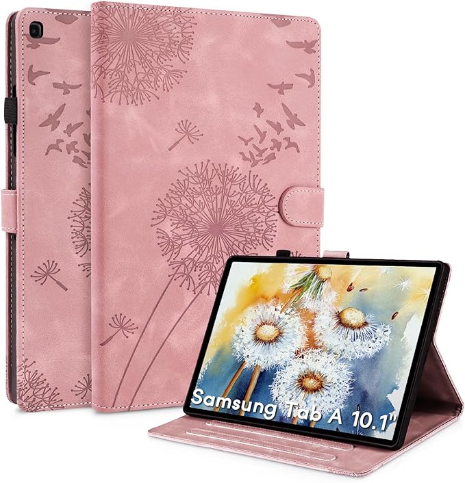 Tablet Case for Samsung Tab A 10.1, Dandelion Design with Kickstand for Pencil Holder, Magnetic Closure Case Compatible with Samsung Galaxy Tab A 10.1 Inch 2019 SM-T510 T515 T517 Rosegold Pink