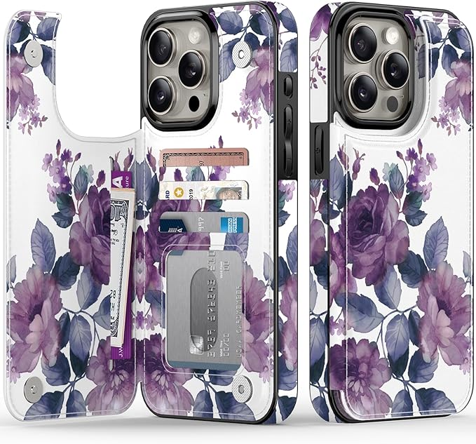 FUNMIKO for iPhone 13 Pro Max Wallet Case with Card Holder, RFID-Blocking, Military-Grade Protection & UV-Printed Artwork, Magnetic Closure with Leather Kickstand - Elegant Purple Floral