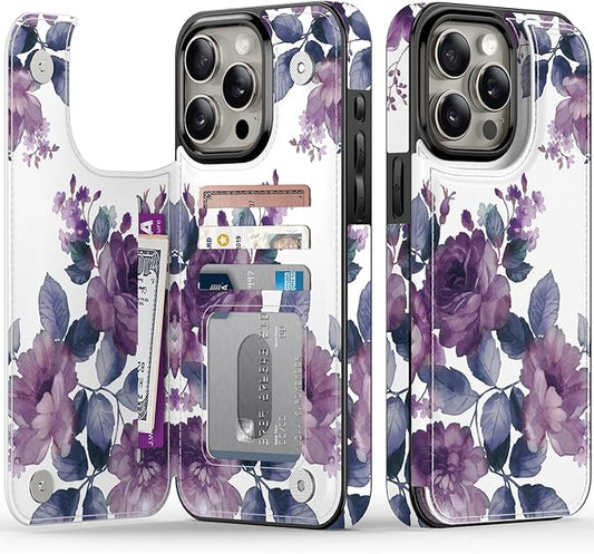 FUNMIKO for iPhone 14 Pro Max Wallet Case with Card Holder, RFID-Blocking, Military-Grade Protection & UV-Printed Artwork, Magnetic Closure with Leather Kickstand - Elegant Purple Floral