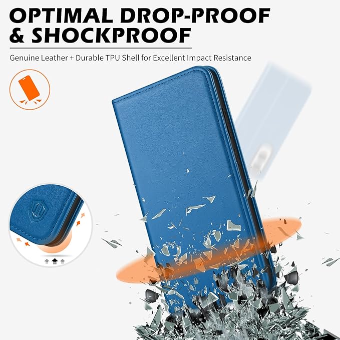 SHIELDON Case for Galaxy S25 Edge 6.7", Genuine Leather Wallet RFID Blocking Credit Card Holder Kickstand Magnetic Full Protective Case Compatible with Galaxy S25 Edge 2025 - Nappa Sapphire Blue