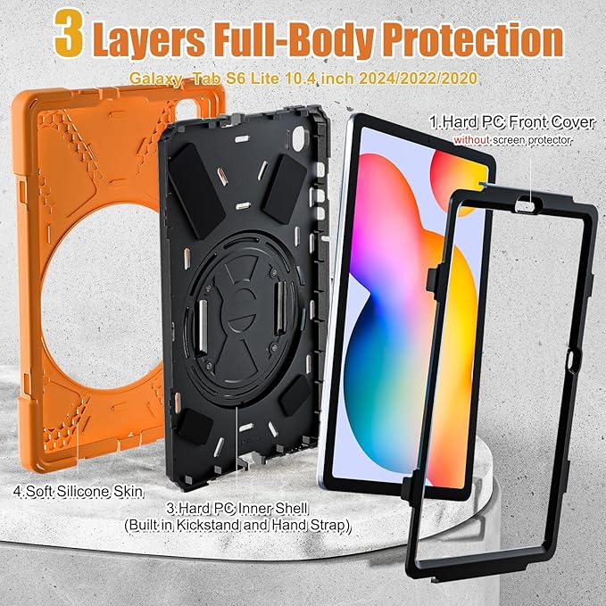 BRAECNstock for Samsung Galaxy Tab S6 Lite 10.4 Inch Case 2024/2022/2020 (SM-P620/P610/P619) with Pen Holder Rotating Kickstand + Hand Strap Shockproof Protective Kids Case for Galaxy S6 Lite - Orange