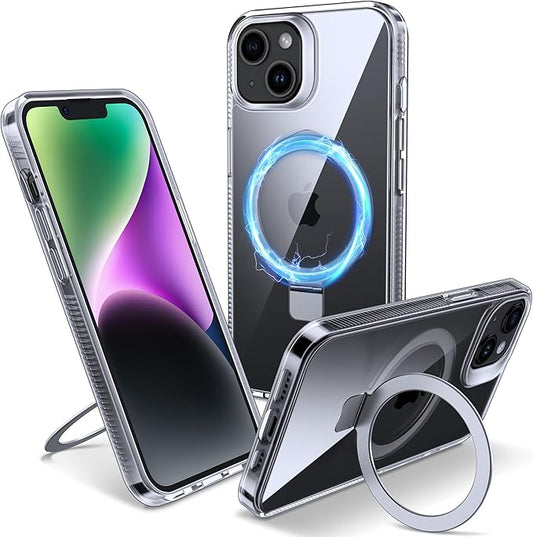 Magnetic Case for iPhone 14 Plus - [Built-in Invisible Stand] [Compatible with MagSafe] [Military Grade Drop Protection] Anti-Yellowing Hard Back Silicone Edge Cover, 6.7", Clear