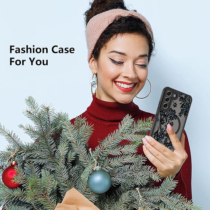 Fiyart Designed for Samsung Galaxy S21 Plus Case Matte Flowers Design Compatible with MagSafe Wireless Charging,Cute Floral Anti-Scratch Translucent Phone Cover for Women Girls 6.7"-Black