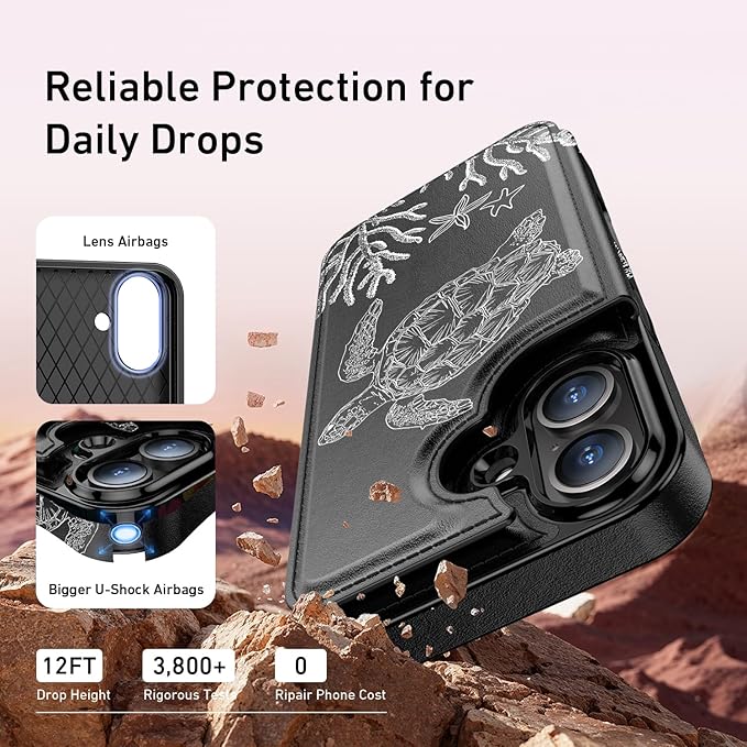 FUNMIKO for iPhone 16 Wallet Case with Card Holder, RFID-Blocking, Military-Grade Protection & UV-Printed Artwork, Magnetic Closure with Leather Kickstand - Swimming Sea Turtle