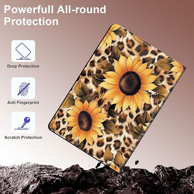 Case for Samsung Galaxy Tab S10 FE/ S9 FE 5G 10.9 Inch/Tab S9 11 Inch, Slim PU Leather Stand Cover with Auto Wake/Sleep, Multi-Angle Viewing & Shockproof, Leopard Sunflower
