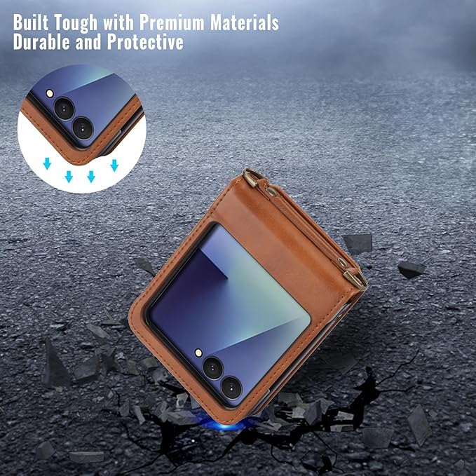 ASAPDOS for Samsung Galaxy Z Flip 7 PU Leather Wallet Phone Case with Card Slots (Holds 5 Cards), Anti-Drop Protection, Wrist & Shoulder Strap Brown