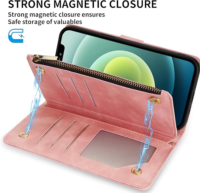 ZZXX for iPhone 12 Mini Wallet Case with Card Slot Premium Soft PU Leather Zipper Flip Folio Wallet with Wrist Strap Kickstand Protective for iPhone 12 Mini Case Wallet(Pink 5.4 inch)