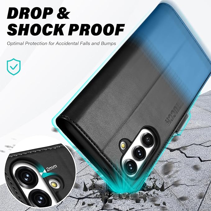 TUCCH Wallet Case for Galaxy S25, Magnetic PU Leather Stand [RFID Blocking] Credit Card Holder Flip Cover with [TPU Shockproof Interior Case] Compatible with Galaxy S25 6.2" 2025, Black & Light Blue