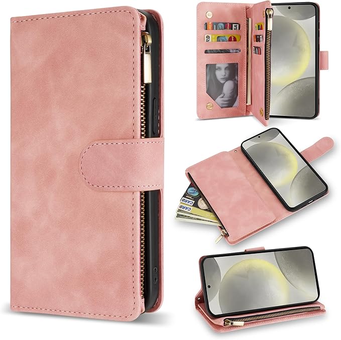 ZZXX for Samsung Galaxy S24 Wallet Case with RFID Blocking Card Slot PU Leather Zipper Flip Folio with Strap Kickstand Protective Cover for Samsung Galaxy S24 Case Wallet(Pink-6.2 inch)