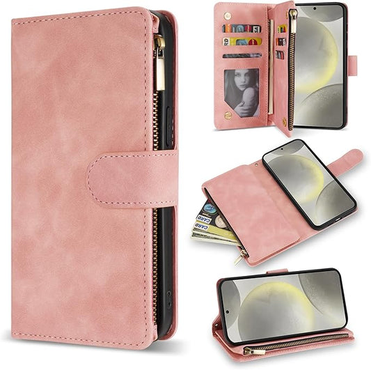 ZZXX for Samsung Galaxy S24 Wallet Case with RFID Blocking Card Slot PU Leather Zipper Flip Folio with Strap Kickstand Protective Cover for Samsung Galaxy S24 Case Wallet(Pink-6.2 inch)