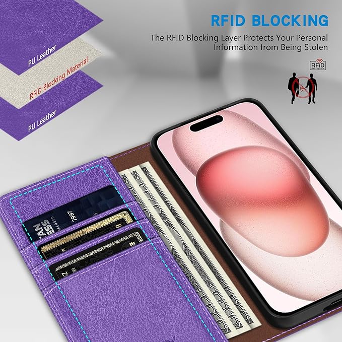ZZXX for iPhone 15 Wallet Case with [RFID Blocking] Card Slot Stand Strong Magnetic Leather Flip Fold Protective Phone Case for iPhone 15 Case Wallet(Purple-6.1 inch)