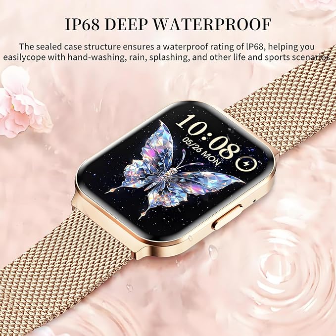 Welfit Women's Smart Watch, 1.75-inch Blood Pressure, Call/Message, Female Cycle Tracking, Heart Rate and Sleep Monitor, IP68 Waterproof for Android and iOS (Gold 2 Straps)