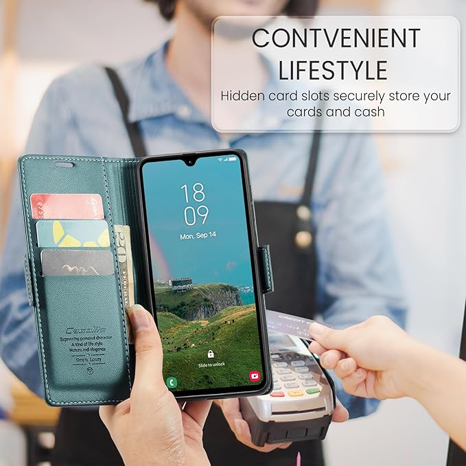 for Samsung Galaxy A05s Case, Premium PU Leather Wallet Case Flip Cover with [RFID Blocking][Card Holder][Stand Function] Shockproof Protective for Samsung Galaxy A05s, Blue-Green