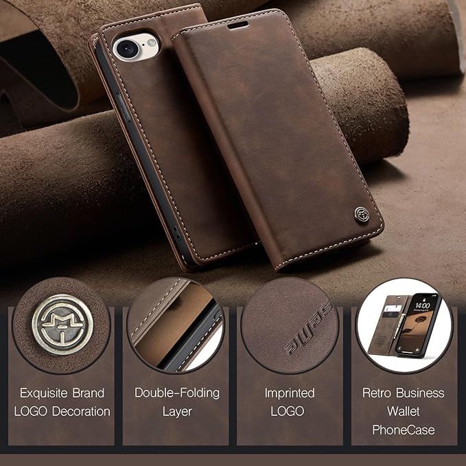 for iPhone 16e (6.1") / iPhone SE 4 / iPhone SE 2025 Case, Flip Wallet Leather Case with Card Holder Magnetic Closure Shockproof Kickstand Protective Phone Cases Cover for iPhone 16e, Coffee