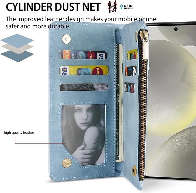 ZZXX for Samsung Galaxy S24 Wallet Case with RFID Blocking Card Slot PU Leather Zipper Flip Folio with Strap Kickstand Protective Cover for Samsung Galaxy S24 Case Wallet(Light Blue-6.2 inch)