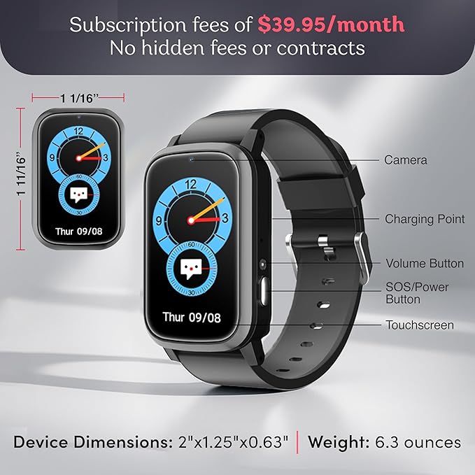 Cellular Medical Alert Smart Watch with Emergency Button for Elderly, 24/7 Monitoring, Fall Detection for Seniors, Water-Resistant Watch with 2-Way Communication, GPS Tracking, Heart Rate Monitor