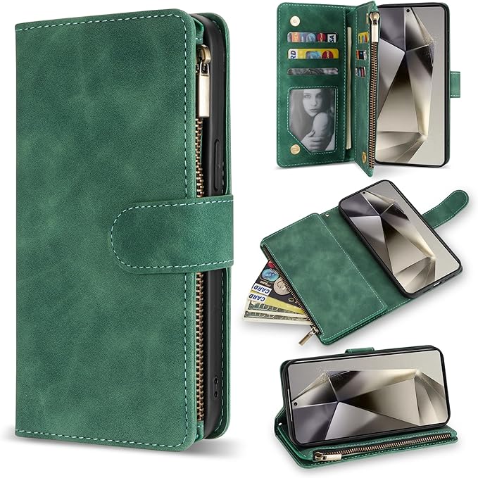 ZZXX for Samsung Galaxy S24 Ultra Wallet Case with RFID Blocking Card Slot PU Leather Zipper Flip Folio with Strap Kickstand Protective Cover for Samsung Galaxy S24 Ultra Case Wallet(Green-6.8 inch)
