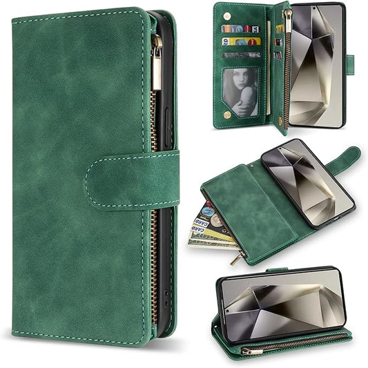 ZZXX for Samsung Galaxy S24 Ultra Wallet Case with RFID Blocking Card Slot PU Leather Zipper Flip Folio with Strap Kickstand Protective Cover for Samsung Galaxy S24 Ultra Case Wallet(Green-6.8 inch)