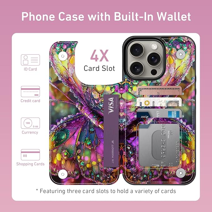 FUNMIKO for iPhone 15 Pro Max Wallet Case with Card Holder, RFID-Blocking, Military-Grade Protection & UV-Printed Artwork, Magnetic Closure with Leather Kickstand - Vibrant Elegant Butterfly