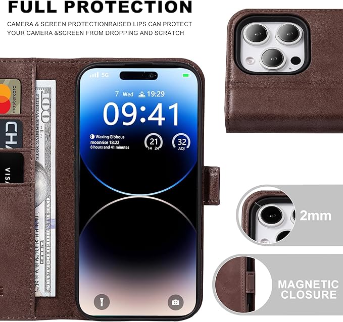 Case for iPhone 16 Pro Max 5G 2024-Genuine Leather Folio Wallet Magnetic Kickstand RFID Blocking Card Slots Shock-Absorbent Phone Cover Compatible with iPhone 16 Pro Max 6.9" (Darkbrown)