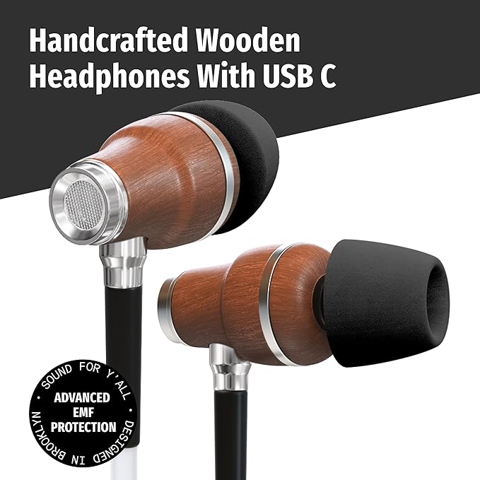 Symphonized Premium Wooden Airtube Headphones EMF Earbuds, 3D Sound, Microphone Volume Control, 8mm Bass Drivers Granting High Audio Quality for USB C Android Devices and iPhone 15 and Up ONLY