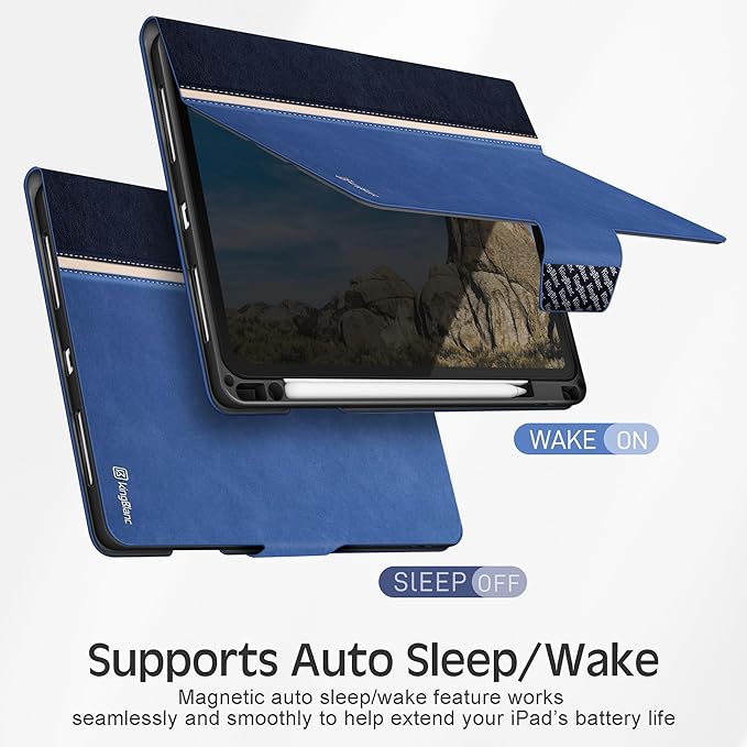 KingBlanc Case for iPad Pro 11 inch (M4) 2024 with Pencil Holder, Vegan Leather Smart Stand Cover, Auto Sleep Wake, Support Pencil Pro/(USB-C), Angles for Viewing/Writing, Durable Protection, Blue