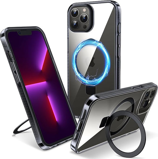 Magnetic Case for iPhone 13 Pro Max - [Built-in Invisible Stand] [Compatible with MagSafe] [Military Grade Drop Protection] Anti-Yellowing Hard Back Silicone Edge Cover, 6.7", Clear Black