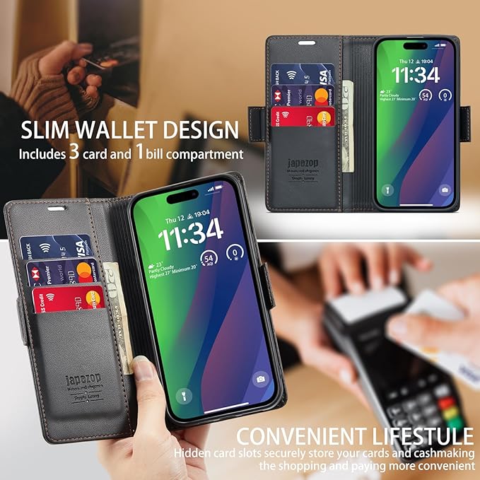 japezop iPhone 15 Pro 5G Wallet Case with [RFID Blocking],Card Holder Kickstand Magnetic,Leather Flip Case Wallet for iPhone 15 Pro 5G 6.1 Inch (Fashion Black)