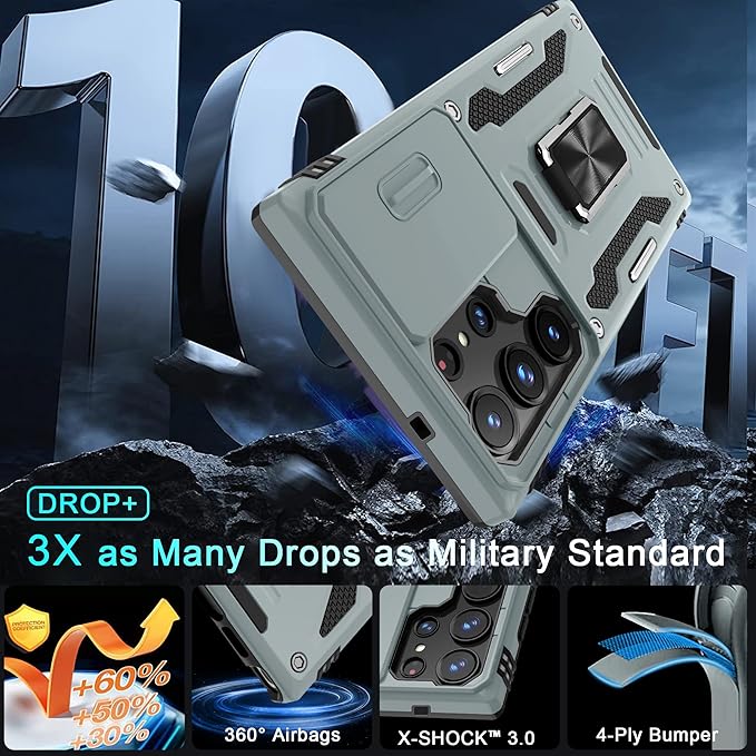 DEERLAMN Case for Samsung Galaxy S25 Ultra with Slide Camera Cover+Screen Protector (1 Pack), Rotated Ring Kickstand Military Grade Shockproof Protective Cover-Grey