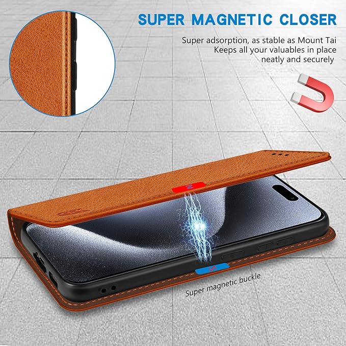 ZZXX for iPhone 15 Pro Wallet Case with [RFID Blocking] Card Slot Stand Strong Magnetic Leather Flip Fold Protective Phone Case for iPhone 15 Pro Case Wallet(Brown-6.1 inch)