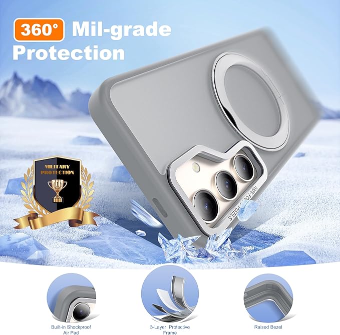 for Samsung Galaxy S25 Case with 360°Rotatable Magnetic Ring Stand Compatible with Mag-Safe Military Protection Shockproof Matte Translucent Phone Cases for Samsung Galaxy S25,Gray
