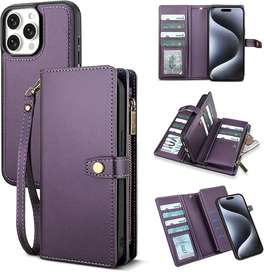 TwoHead Wallet Case Compatible with iPhone 15 Pro,Detachable Magnetic Phone Case,All-Round Protective Leather Phone Case with Card Holder,6.1 in,Deep Purple