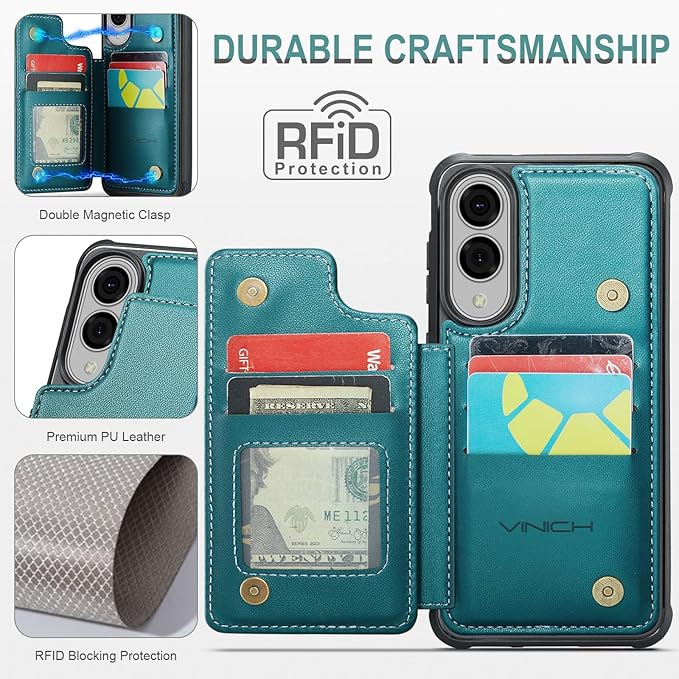 Vinich for Samsung Galaxy S25 Edge Wallet Case with Card Holder, RFID Blocking Credit Slots Kickstand Shockproof Phone Cover for Women Men, Bluish Green