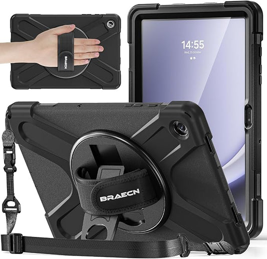 BRAECNstock for Samsung Galaxy Tab A9+ Plus Case 11 inch (SM-X210/X216/X218) Shockproof Protective Tab A9+ Plus Kids Case with Screen Protector Pen Holder Rotating Hand Strap+Stand, Black