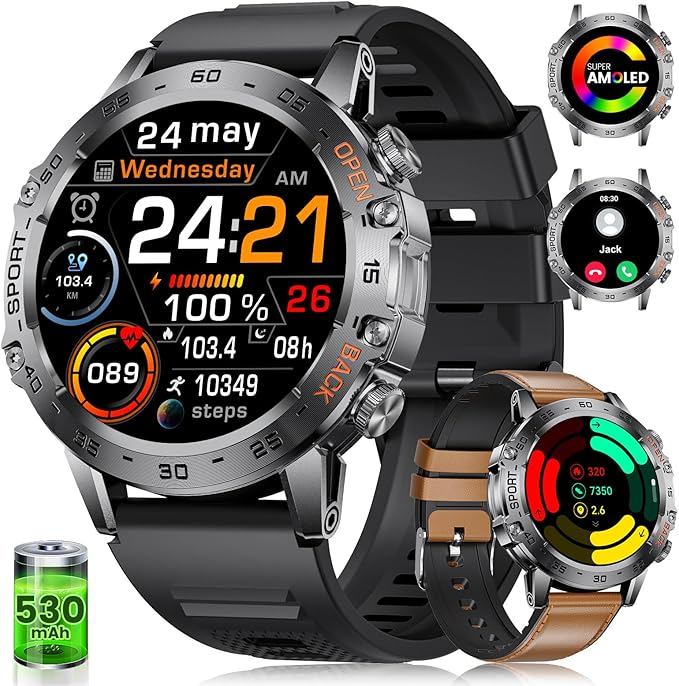 SUNKTA Smart Watch for Men(Answer/Dial Calls),1.43'' AMOLED/100 Sports Modes, 5ATM Waterproof Fitness Watch with Heart Rate/SpO2/pedometer for Android and iOS,Round Smartwatch Black
