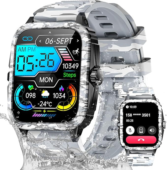 Military Smart Watches for Men (Make/Answer Call) 1.96" Screen Outdoor Activity Tracker with 100+ Sport Modes Health Monitor 3ATM Waterproof Smartwatch (Camouflage Grey)