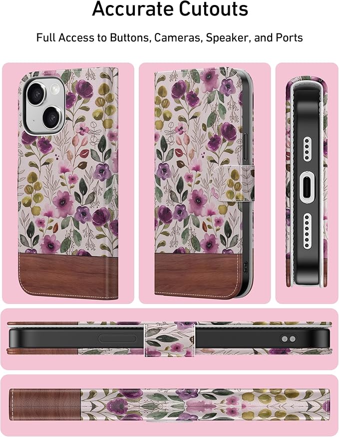 DEENAKIN for iPhone 15 Wallet Case with Card Holder + Cash Clip, RFID-Blocking, Military-Grade Drop Protection, Magnetic Closure with Leather Kickstand - Floral Wallpaper