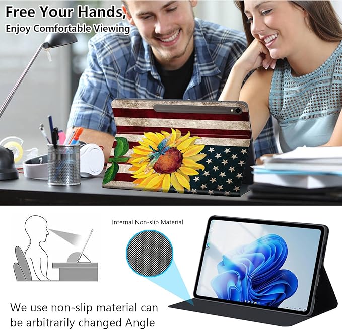 Slim Case for Samsung Galaxy Tab S10 FE / S9 FE 5G 10.9" & Tab S9 11", PU Leather Protective Cover, Multi-Angle Stand, Auto Sleep/Wake, Flag Sunflower