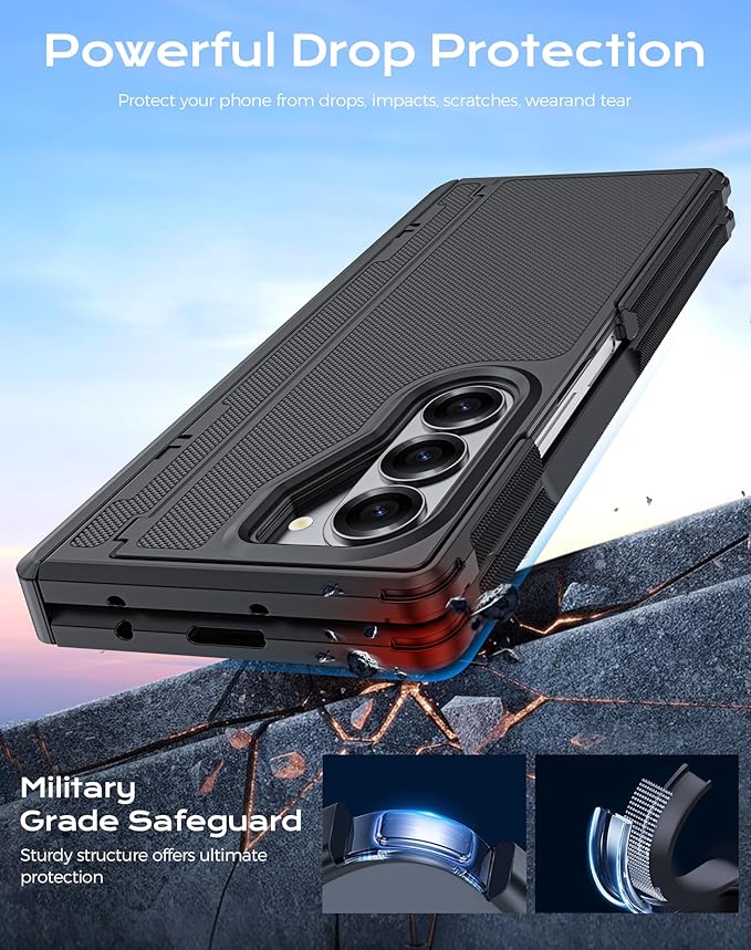 for Galaxy Z Fold 4 Case, S Pen Holder & Privacy Screen Protector & Kickstand & Hinge Protection, Slim Rugged Military-Grade Shockproof Protective Phone Case for Samsung Fold 4 (Black)