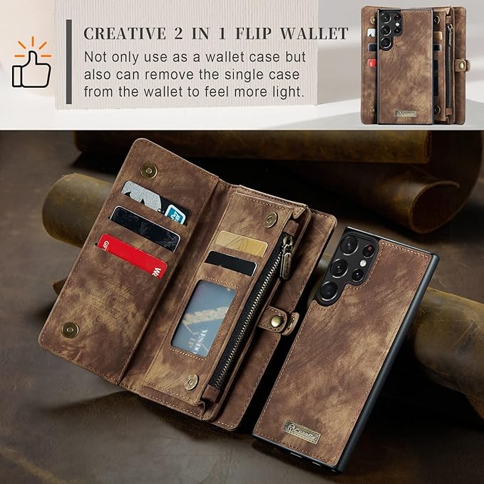 SZHAIYU 2 in 1 Detachable for Samsung Galaxy S23 Ultra Wallet Case with Card Holder, Retro Premium Flip Leather Cover Magnetic Zipper Pocket Phone Cases 6.8'' (Coffee,S23 Ultra)