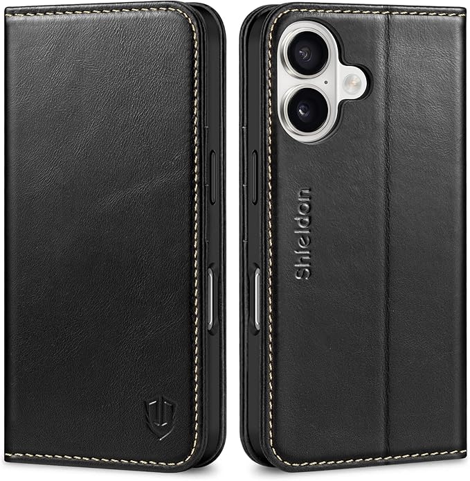 SHIELDON Case for iPhone 16 6.1" 2024, Genuine Leather Flip Wallet Case Magnetic RFID Blocking Card Holder Kickstand Shockproof TPU Protective Phone Cover Compatible with iPhone 16 - Retro Black