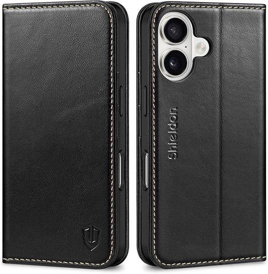 SHIELDON Case for iPhone 16 6.1" 2024, Genuine Leather Flip Wallet Case Magnetic RFID Blocking Card Holder Kickstand Shockproof TPU Protective Phone Cover Compatible with iPhone 16 - Retro Black