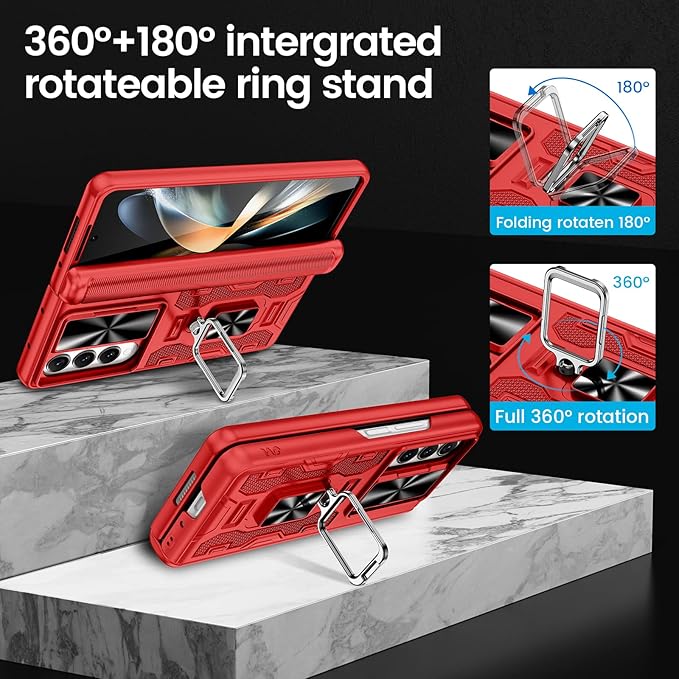 VEGO for Galaxy Z Fold 4 Case with Kickstand, Hinge Protection & Belt Clip Holster & Front Screen Protector & Slide Camera Cover Magnetic Kickstand Cover - Red
