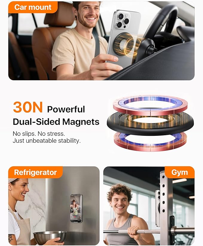 andobil [2025 3rd Gen] Magnetic Phone Grip for MagSafe [Sability Max] Stronger Two-Sided Magnet Cell Phone Ring Holder Compatible with MagSafe Accessories, iPhone 17 Pro Max Air 16 15 14 13 12, Black