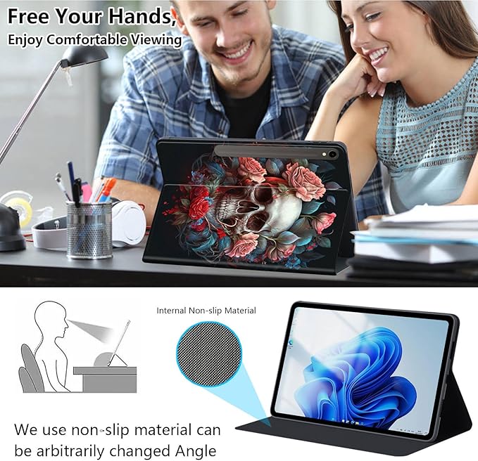 Slim Case for Samsung Galaxy Tab S10 FE / S9 FE 5G 10.9" & Tab S9 11", PU Leather Protective Cover, Multi-Angle Stand, Auto Sleep/Wake, Flowers and Skulls